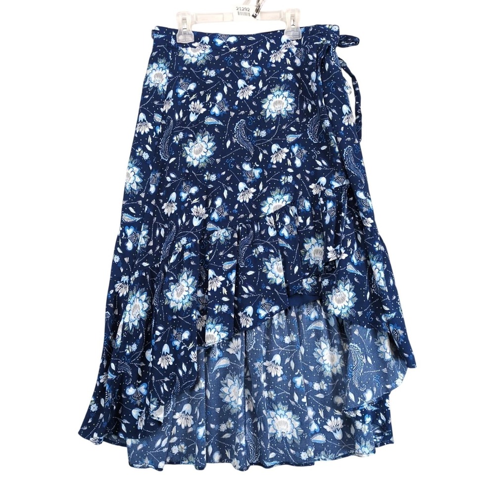 Gap Blue Floral Wrap Skirt Size M Asymmetrical Ruffle Midi Summer Tiered Boho